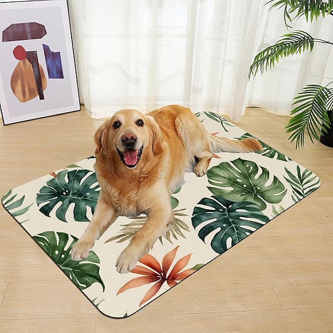 Boho Tropical Palm Pet Feeding Mat-Christmas Stocking Quick Dry Absorbent Dog Cat Food Mat, Non Slip Waterproof Bowl Placemat for Messy Eaters, Pet Accessories for Floors 16"x24"