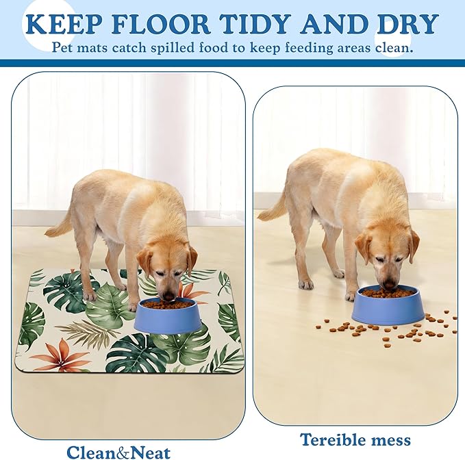 Boho Tropical Palm Pet Feeding Mat–Christmas Stocking Quick Dry Absorbent Dog Cat Food Mat, Non Slip Waterproof Bowl Placemat for Messy Eaters, Pet Accessories for Floors 12"x20"