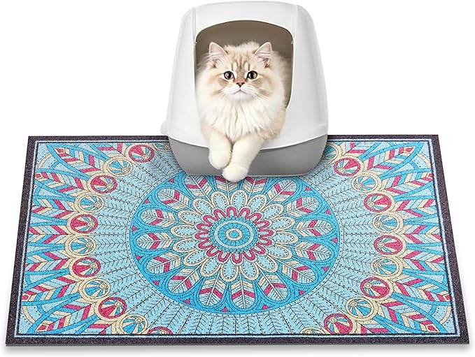 Cat Litter Mat, 24" x 16" Litter Box mat, Traps 100% Litter, Non-Slip Kitty Litter Trapping mats, Small Cute Litter mat, Easy Clean for Scatter Control, Bohe cat Food mat, Urine Waterproof