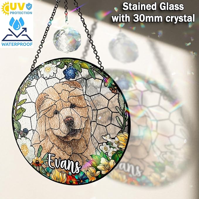 Personalized Pet Stained Glass Suncatcher Custom Name Dog Cat Photo Ornament Window Hanging Sympathy Gift for Loss of Pet Animal Memorial Bereavement Keepsake Remembrance Gift for Dog Lovers