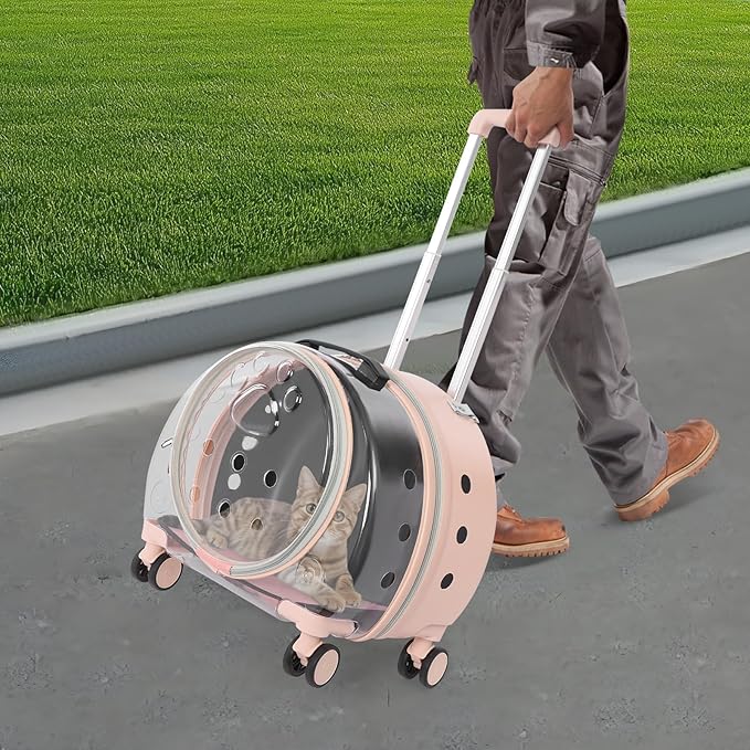 Transparent Rolling Cat Carrier, Fully Breathable Hard Shell with Telescopic Handle & Shoulder Strap, 360° Wheels, Multiple Carry Modes for Cats, Dogs, Bunnies up to 19.8 lbs (Light Pink,Clear)
