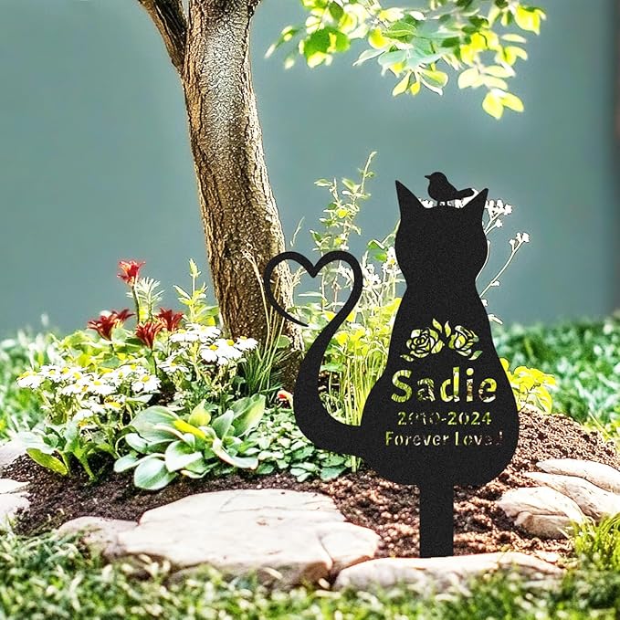 Custom Cat Memorial Grave Marker with Bird and Heart, Personalized Flowers Cat Memorial Stake Metal Garden Sign, Customized Pet Cat Sculpture Memorial Plaque for Cemetery Grave Yard Sign