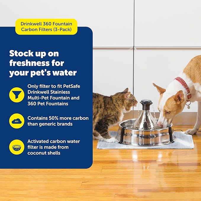 PetSafe Drinkwell 360 Fountain Carbon Filters - Supports Hydration - Coconut Shell Carbon - Clean Water Solution - Fits Drinkwell Stainless Multi-Pet & Plastic 360 Fountains - 3 Pack