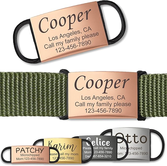Anavia Slide On Silent Pet ID Tags, S/M/L/XL Personalized Stainless Steel Cat Dog Tag with Elastic Fabric Band, Engraved Nameplate Quiet Chew-Proof Pet Collar Tag (Rose Gold, S/M)