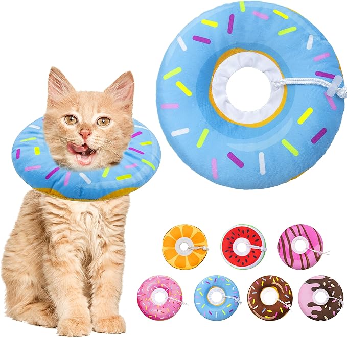 Seyezo Cat Cone Collar Soft, Adjustable Cat Recovery Collar Spay Cones to Stop Licking, Cute Donut E Collar After Surgery, Anti-Lick Wound Healing Elizabethan Collars for Kittens(Donut Blue, Small)