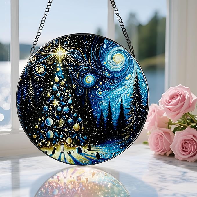 8″ Starry Night Christmas Tree Stained Glass Suncatcher Ornament, Stained Glass Window Hanging — Holiday Window Ornament | Gift for Christmas, Holiday Present Idea, Gift Exchange, Gifts Idea