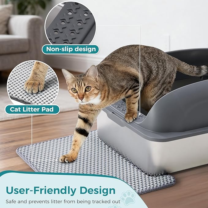 OLIXIS Stainless Steel Cat Litter Box with Lid, Large Cat Litter Box for Big Cats, High Wall Sides, Anti-Urine Leakage, Easy Cleaning, Scoop and Mat Included, Dark Gray