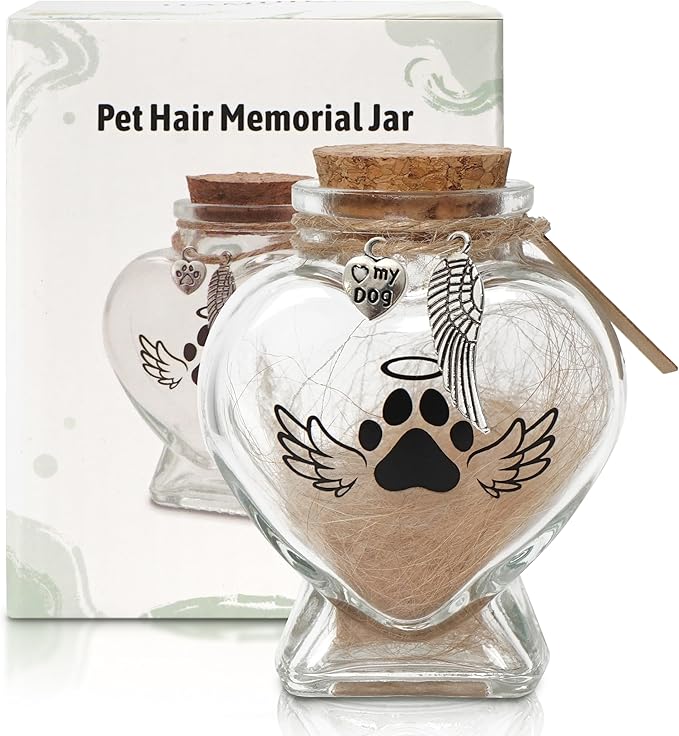 Pet Memorial Gift for Loss of Dog or Cat, Heart Shape Glass Jar & Bottle for Fur, Hair, Whiskers or Ashes Keepsake Urn with Cork Top, Charms for Cute Rainbow Bridge Memorial, Dog