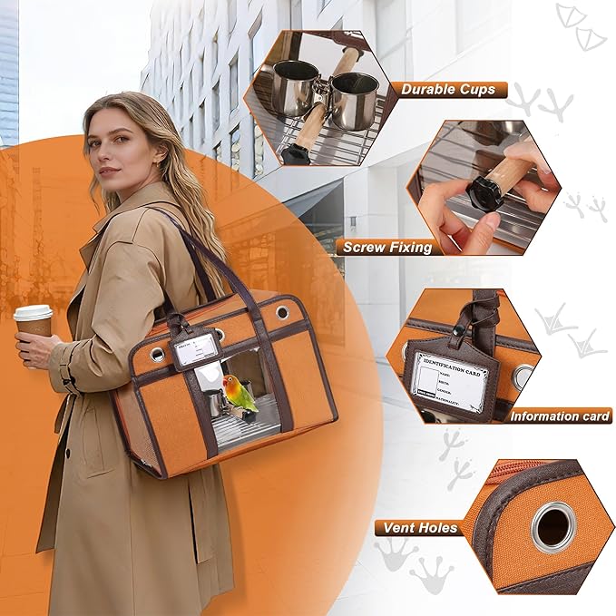 Sanmoncare Stylish Bird Carrier with PU Leather Handle, Portable Travel Cage for Cockatiels & Conures, Lightweight Parrot Bag with Stainless Steel Tray, Vet Visit, Brown