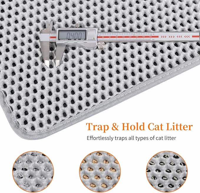 Large Cat Litter Box Mat for Cats, Double Layer Honeycomb Cat Litter Trapping Mats, Waterproof, Urine Proof,Non-Slip Litter Pad for Indoor Kitty Cat Litter Mat, Easy to Clean Grey (33.8'' x 23.6'')