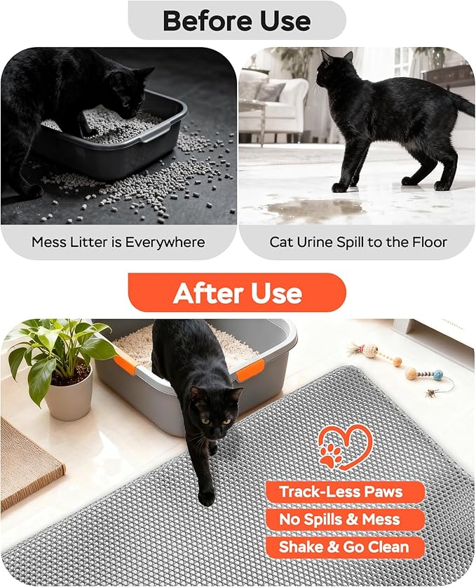 Cat Litter Mat 47"x26.5" Extra Large & 12"x12" Small, Double Layer Waterproof Trapping Mat for Home Travel, Non-Slip & Urine-Proof, Soft on Paws, Hold 2-3 Litter Boxes, XXL, 2-Pack(Grey)