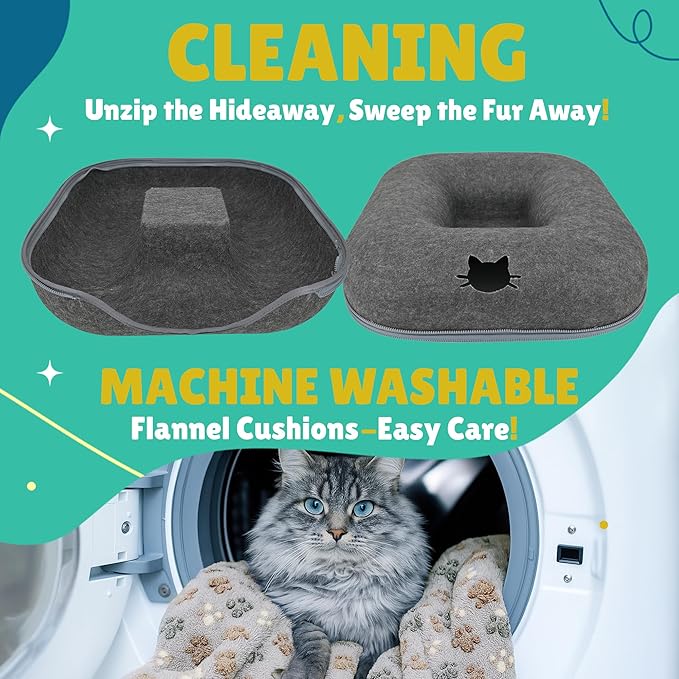 RINGTAIL Peekaboo Cat Cave - for Multiple & Large Cats Up to 30-45 lbs, Comfy Donut Cat Bed with 2 Soft Fluffy Fleece Cat Blankets, Scratch, Detachable & Washable Tunnel Bed (Dark Gray, Large)
