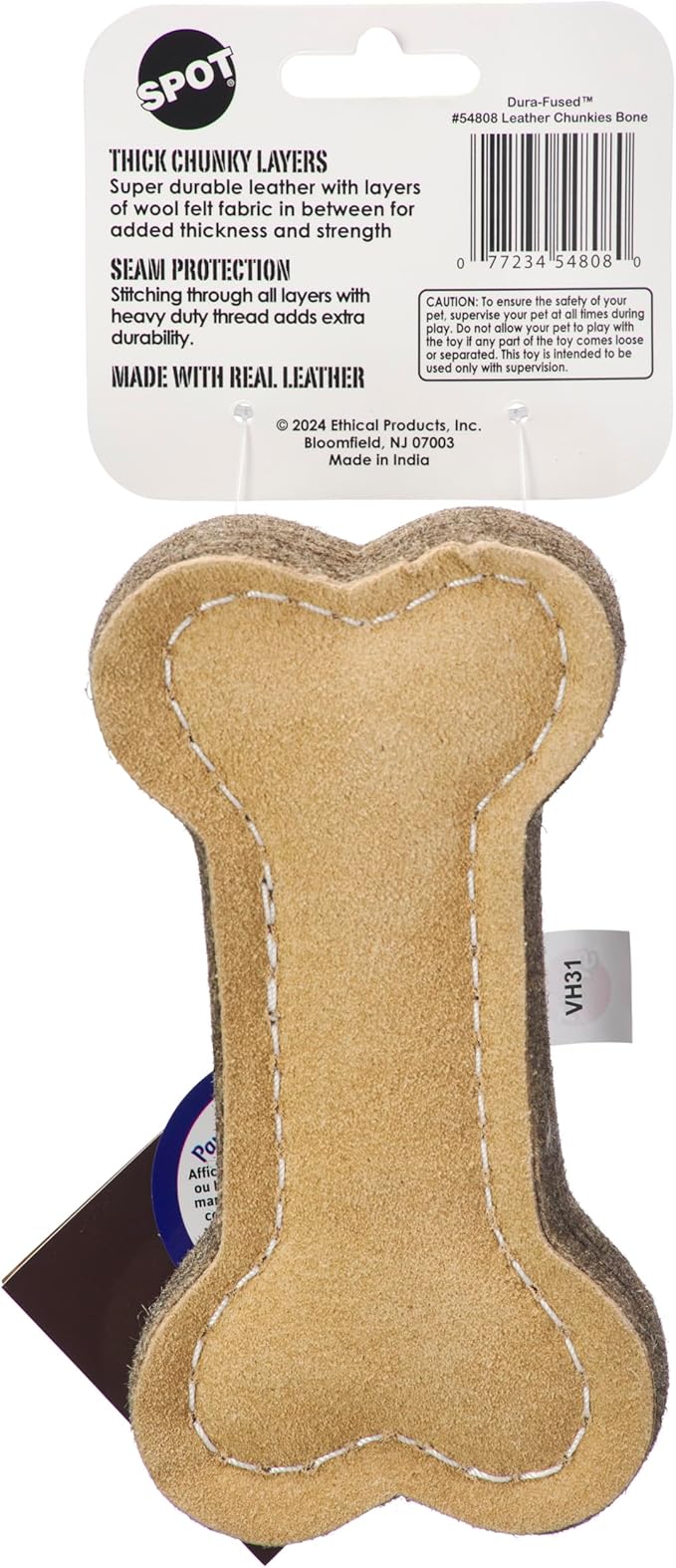 SPOT Dura-Fused Chunkies- Bone - All Natural Leather and Felt Dog Toy- Durable, Long Lasting, Extra Thick Dog Chew Toy for Aggressive Chewers, Great for Adult Dogs and Teething Puppies, 6in