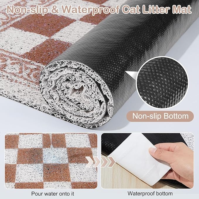 Bienbee Cat Litter Mat, 33" x 22" Waterproof Litter Box Mat Litters Rug with Non-Slip Bottom, Easy to Clean Litter Trapping Mat for Cat,Light Beige Checkerboard L