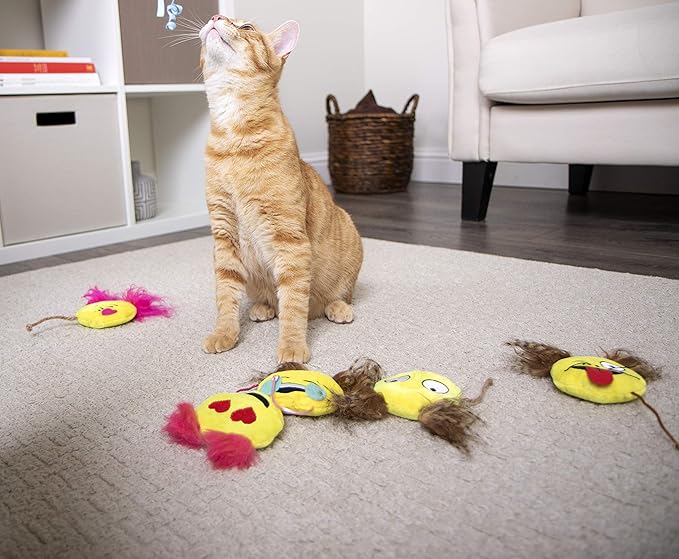 SmartyKat (6 Count) Mouse Moods Emoji Bundle Pack Plush Catnip Toys - Yellow/Brown, 6 Count