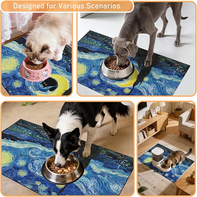 Dog Food Feeding Mat - Absorbent Diatomite Pet Dog Cat Bowl Mats for Food and Water, Anti Slip Dog Bowl Placemat for Floors, Quick Dry Pet Dish Matts Supplies, Black Cat Style, 17 * 30in