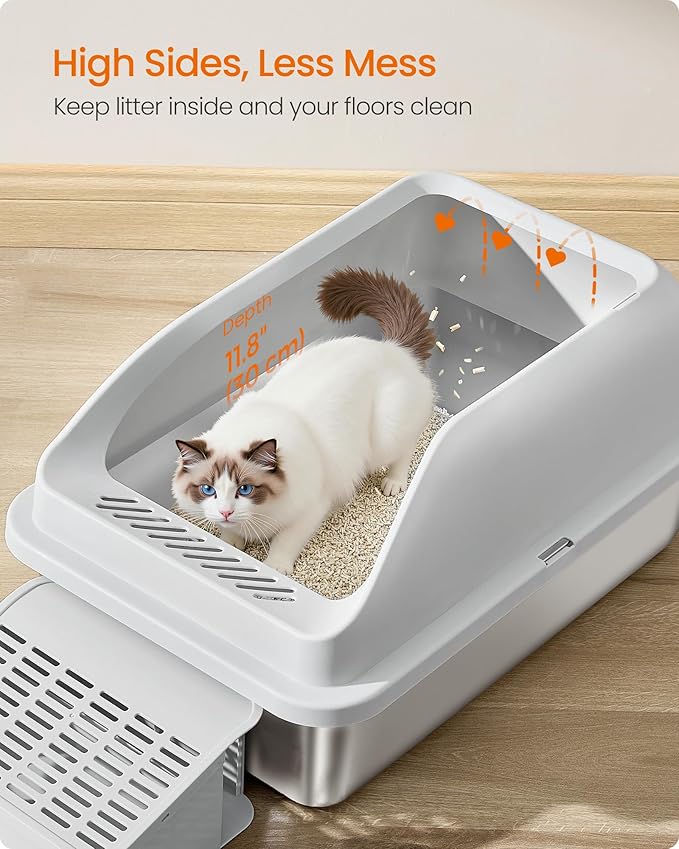 Feandrea Stainless Steel Cat Litter Box with Open Top, High Sided Litter Tray with Step, Scoop, Brush, for Cats up to 33 lb, Dove Gray UPPT008GD01