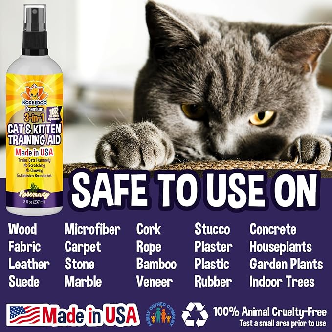 Bodhi Dog 3-in-1 Cat & Kitten Training Aid - Cat Deterrent Spray for Indoor and Outdoor Use - Protect Furniture, Rugs and Plants - Establish Boundaries & Keep Felines Off - Made in USA (8 Fl Oz)