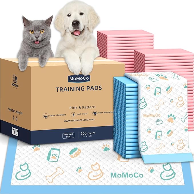 MoMoCo Puppy Pads 23″×23″ Disposable Dog Pee Pads Super Absorbent, Leak-Proof Puppy Training Potty Pads, 200-Count Value Pack (Pattern100 + Pink100)