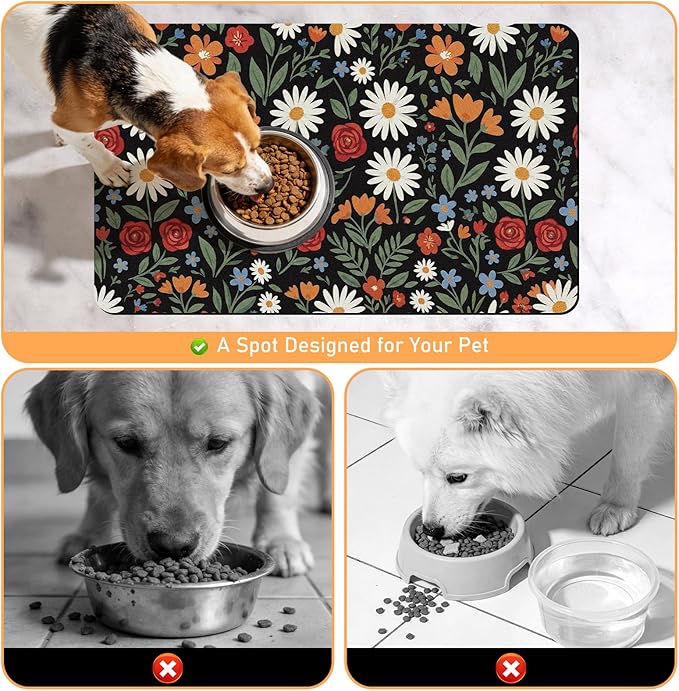 Dog Cat Food Mat - Absorbent Quick Dry Dog Bowl Mats for Food and Water, Anti Slip Cat Feeding Placemat for Floors, Diatomite Pet Dish Matts Accessories Supplies, Floral Style, 12 * 20in