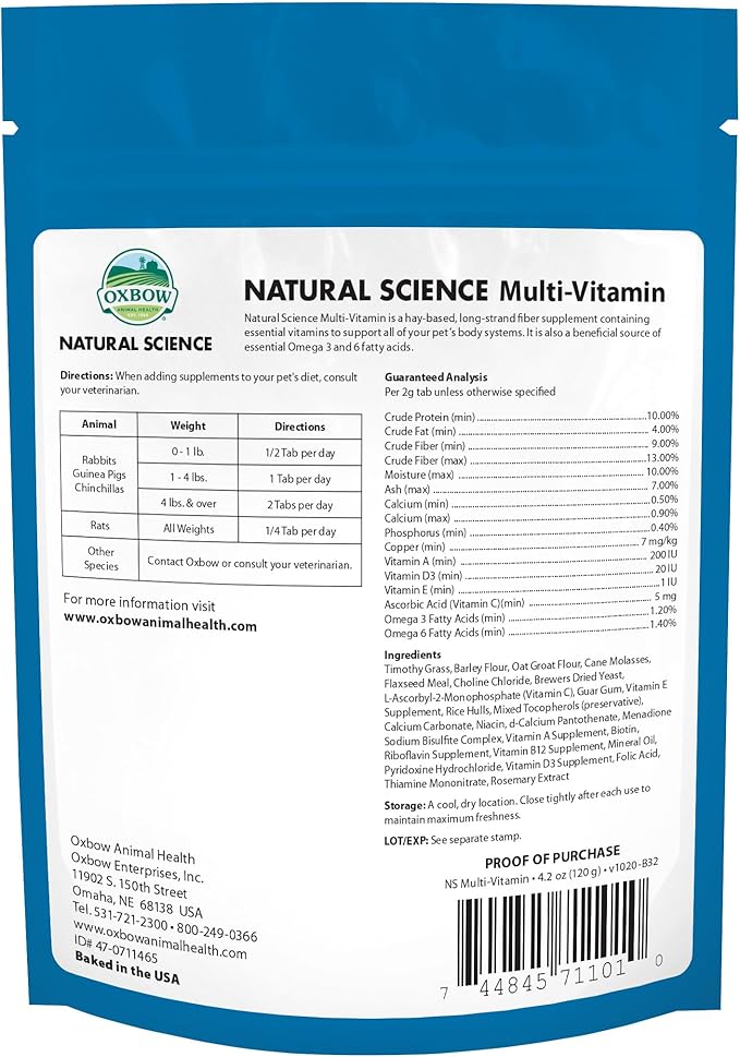 Oxbow Natural Science Multi-Vitamin, High Fiber Supplement for Rabbits & Guinea Pigs, Made with Timothy Hay, Multi-Pet Households, Omega 3 & 6 Fatty Acids, Made in USA, 4.2 oz Bag