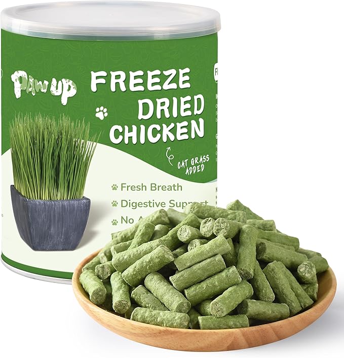 PAWUP Freeze Dried Chicken Cat Treats, Cat Grass Added, High-Fiber Hairball Care & Digestive Support Snacks for Indoor Cats, 3.8oz