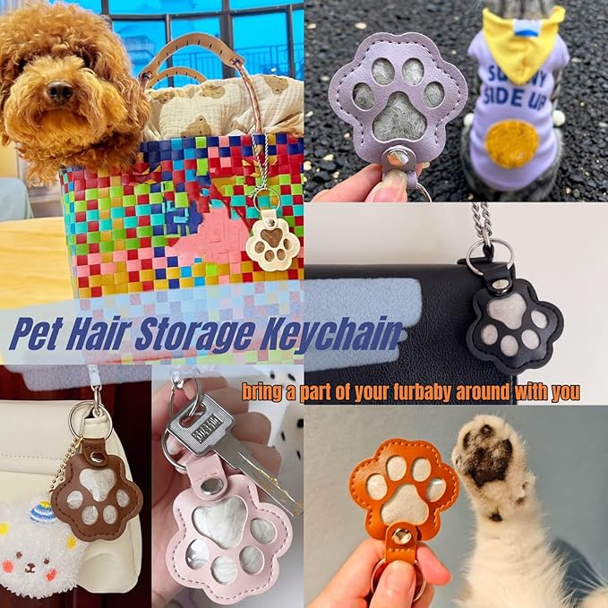 6 Packs Pet Hair Leather Keychain, Dog Cat Fur Storage Paw Keyring, Memorial Keepsake, Collar Bag Purse Key Charms