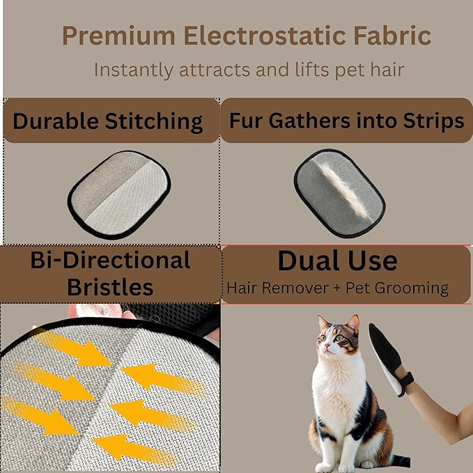 Pet Hair Removal Glove for Cats & Dogs – Upgraded Five-Finger Electrostatic Pet Hair Gloves, Reusable Magic Brush Pet Hair Remover Tool for Clothing, Laundry, Couch, Carpet & Car Seat