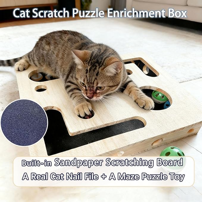 Cat Nail File Enrichment Box - Cat Scratch Puzzle with Bell Ball & Sandpaper, Stress-Free Alternative to Cat Nail Clipper, Cat Nail File Toy for Claw Care (B - Cannot be Disassembled)