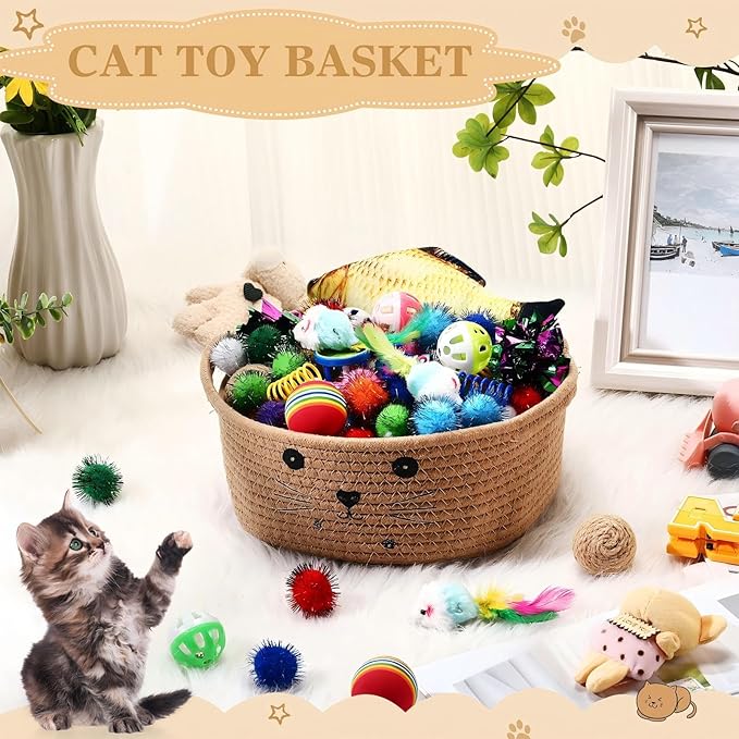 Zopeal 58 Pcs Valentine's Day Cat Storage Basket Gift Toys Set, Colorful Flashing Balls Pet Bell Crinkle Balls Spring Toys Attract Cat to Swat, Hunt, Interactive for Pet(Khaki,9.8 Inch)