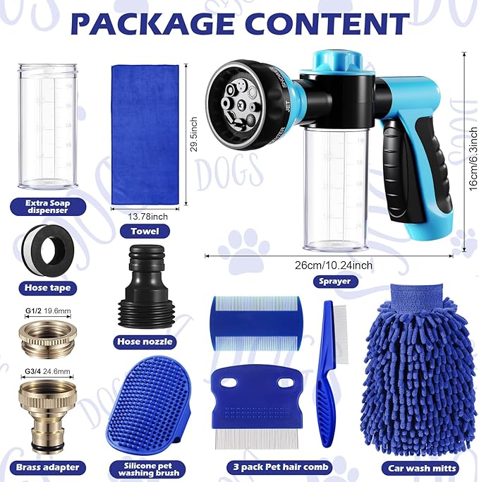 Baderke 10 Piece Dog Washing Hose Attachment Dog Hose Nozzle with Soap Dispenser Pet Shower Tool Set Dog Comb Bath Brush Towel Car Wash Mitt Brass Converter Tape for Pet Garden Car Washing (Blue)