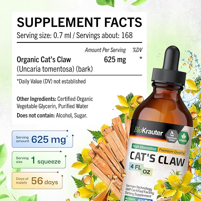 BIO KRAUTER® Сats Сlaw - Liquid Drops Pure Vegan Cats Claw Herb Supplement 625 mg per Serving 4 Fl.Oz 56-Day Supply - Used for Digestive & Immune Support, Natural Antioxidant - Alcohol & Sugar Free
