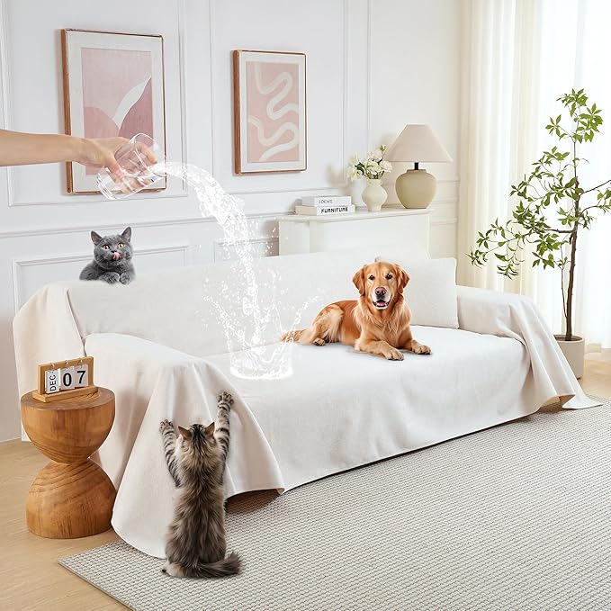 PuTian 100% Waterproof Couch Cover for Dogs - Anti-Scratch Washable Non Slip 2 Cushion Cover Blanket for L Shaped Sectional Recliner Chair Sofa Slipcover for Pet Cats Kids, 71''X102'' Creamy White