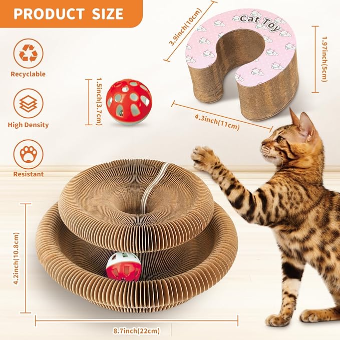 Collapsible Cats Cardboard Scratcher, Interactive Cat Toys for Indoor Cats, Scratch Pad Shape Shifting Ball Track with Bell, Magic Organ Cat Toy for Chase & Scratch Paw Toys for Kitties Pink