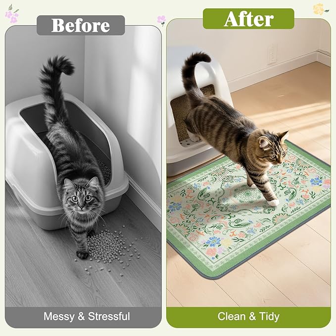 Unicorn Catcher 24X15in 2packCat Litter Mat Machine Washable Soft 3D Air Mesh Litter Box Rug Non-Slip Backing Quick Dry Scatter Control for Paws,Bean Green