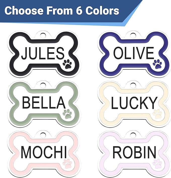 GoTags Stainless Steel Pet ID Bone Round and Heart Shaped Tags with Enamel Paw Design, Personalized Dog and Cat Tags, up to 5 Lines of Custom Text, Engraved on Both Sides (Charcoal, Regular Bone)