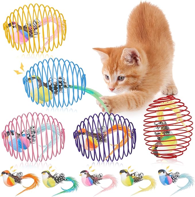 Jecery 5 Pcs Cat Spring Balls Toys Stretchable Rolling Balls Colorful Playful Coils Interactive Action Toy Caged Rats for Kitten Pet Supplies (Bird,Multicolor)