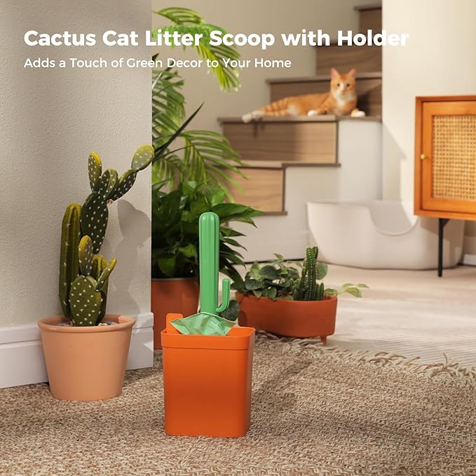 Cactus Cat Litter Scooper with Holder - 3 Rolls of Trash Bags, Wheat Straw Plastic Shovel & ABS Handle and Box - Cat Litter Scoop with Bag - Premium Kitty Litter Scoop Green