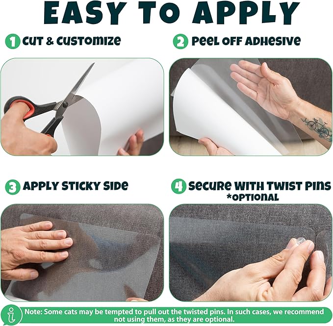 Anti Cat Scratch Furniture Protector, 6-Pack Couch Protector from Cat Claws – Heavy-Duty, Easy-to-Apply Scratching Deterrent and Shield for Sofa Corners, Walls, and Doors- with 52 Twist Pins