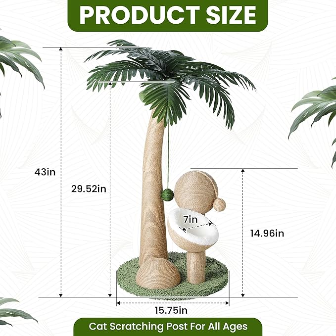 43 Inches Tall Cat Scratching Post for Large Cat, Coconut Tree Shaped Sisal Scratcher for Indoor Cat with Pompoms