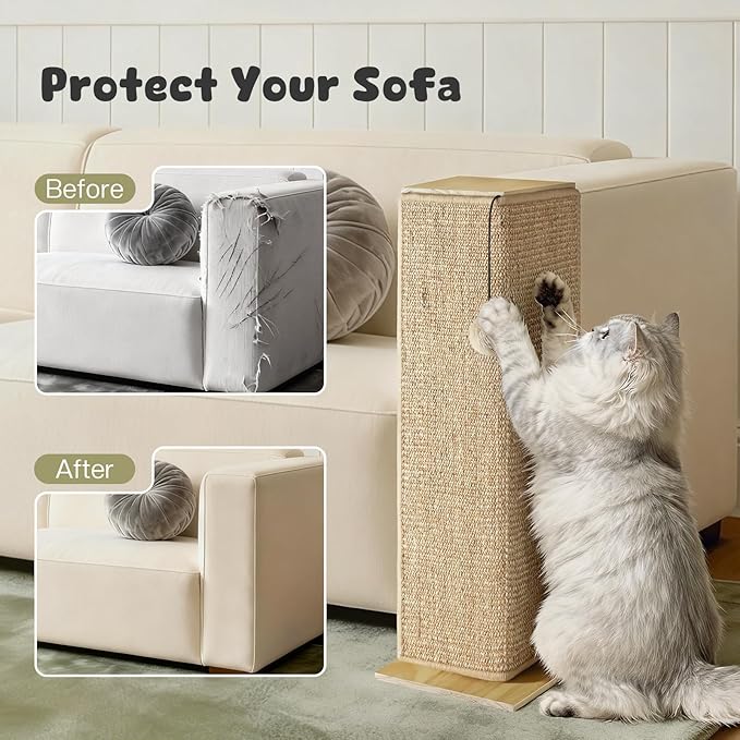 Wooden Couch Corner Cat Scratcher with Sisal Scratching Mat, Adjustable Couch Cat Scratch Protector with Adjustable Buckles, Couch Corner Protectors for Cats, Cat Scratch Furniture Protector for Sofa