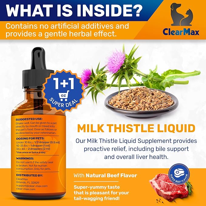 Milk Thistle for Dogs & Puppies – Liquid Supplement for Liver & Kidney Support – Milk Thistle for Cats & Kittens – Effective Digestion Care with Natural Beef Flavor & No Additives – 2 Oz Bottle