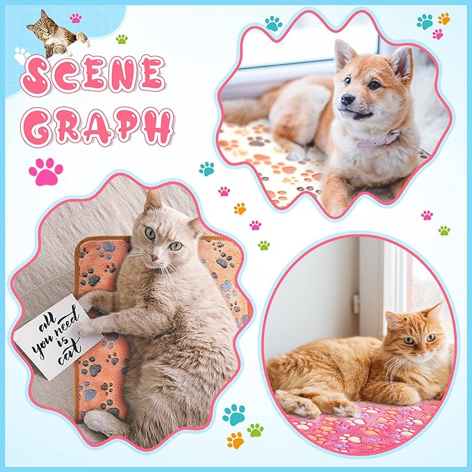 Tatuo 4 Pcs Dog Blanket for Pet Puppy Teething Toys Paw Print Fleece Blanket for Pet Cat Soft Warm Sleep Mat Guinea Pig Cage Mat (Medium(30 x 20.5 Inch),Pink)