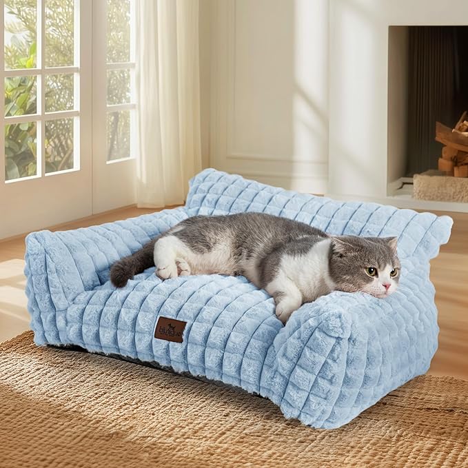Cute Cat Couch Bed for Indoor Cats - Fluffy Faux Rabbit Fur Pet Sofa with Washable Cover, Fuzzy Pet Couch in Suppportive Small & Large Cats Beds, 24x18 x10 inch, Light Blue