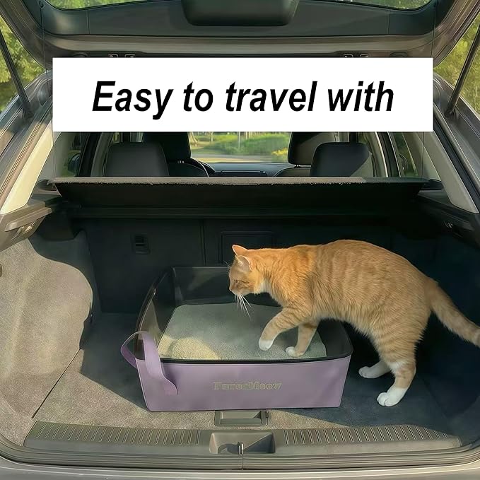 Portable Cat Litter Box, Firm Waterproof Foldable for Travelling for Cats, Including Crinkle Ball, Poop Bags, Foldable Bowl and Scoop, 15.8x15.8x5.9 inches (Light Purple)