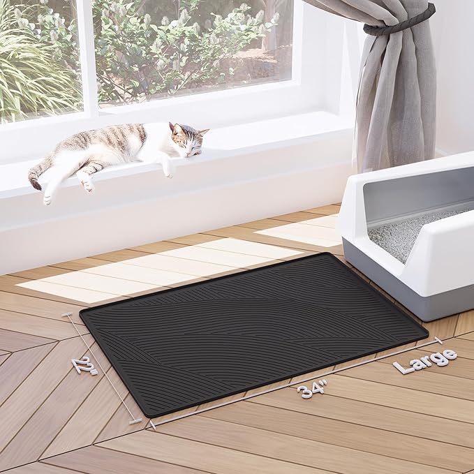 Cat Litter Box Mat - L Large Size 34 x 22 in, Water Proof, Kitty Litter Trapping Mat, Easy to Clean, Scatter Control, Odorless, Pet Supplies for Indoor Cats, Dark Gray