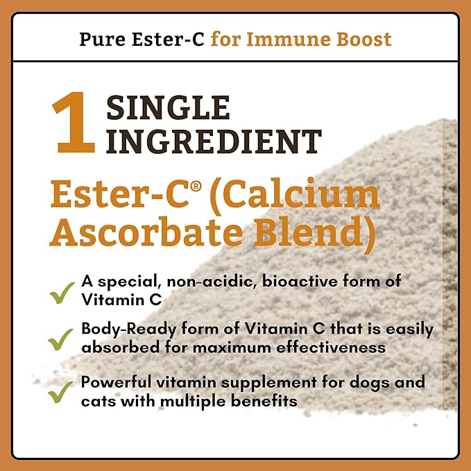 Wholistic Pet Organics Ester-C Powder for Dogs & Cats - Cat & Dog Allergy & Itch Relief - Vitamin C Immune Support Supplement - Itchy Skin Support for Seasonal Dog Allergy Relief - 4 oz - 113 Scoops