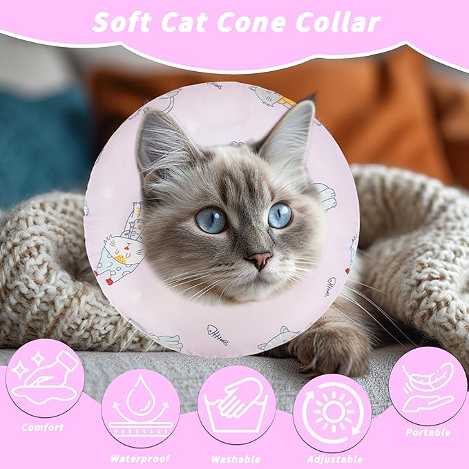 Soft Cat Cone Collar, Cute Cats Recovery Collar Suitable for Small, Medium, Large cat,Elizabethan Neck Collar for Cats After Surgery (Pink Cat, Small)