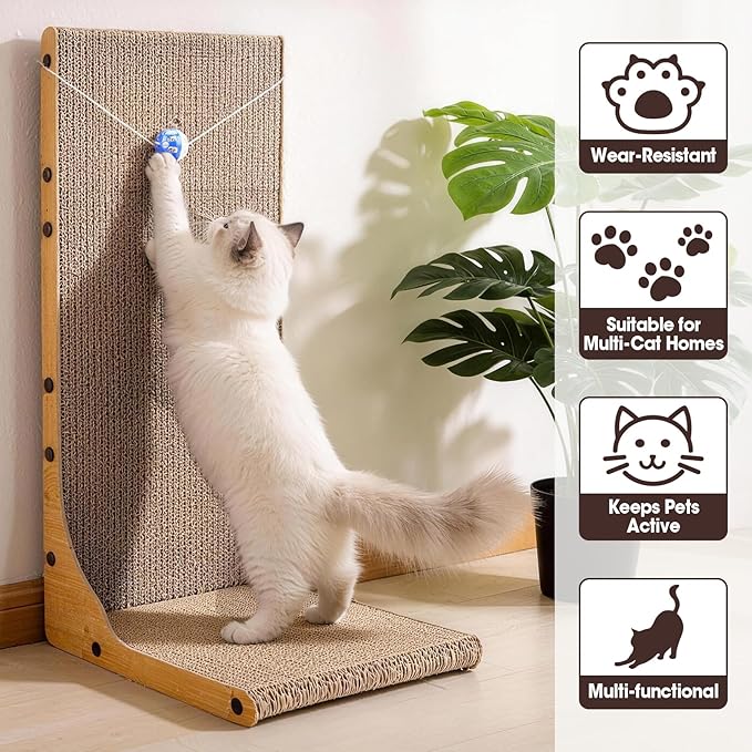 Cat Scratcher, 23.6 Inch L Shape Vertical Cat Scratching Board with Ball Toy for Indoor Cats, Large Cat Scratching Post for Wall and Couch