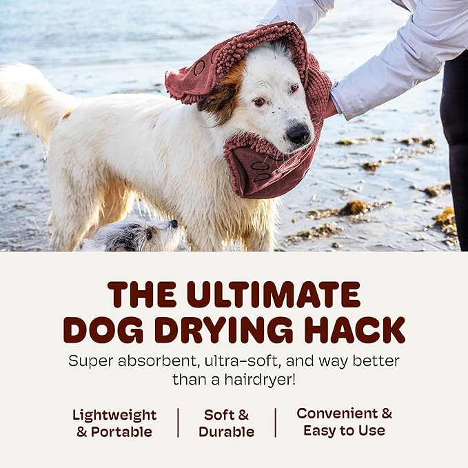 Dog Gone Smart The Dirty Dog Shammy - Fast Drying Plush Shammy Towel with Dual Hand Pockets and Elastic - Super Absorbent Microfiber and Machine Washable - 31 × 13 in, Brown
